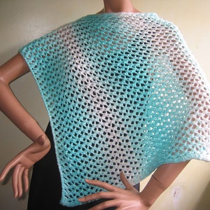 Knitted cotton cape poncho scarf for women~93% cotton~in gradient turquoise-white~Valentine&#39;s Day~Mother&#39;s Day~One size-fits-all~Handmade