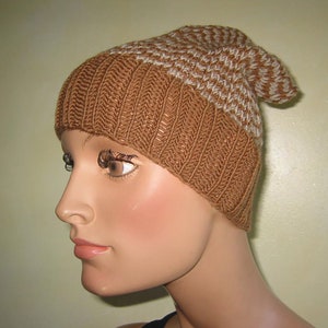 Hand-knitted wool winter hat beanie fisherman cap slouchy balloon cap~brown-beige~for women + men unisex~all year round~100% merino wool