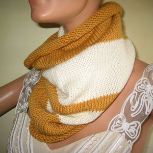 Hand-knitted~Round scarf loop hoodie scarf turtleneck~smooth right pattern~roll edge~100% Australian merino wool fine~in ochre with wool white