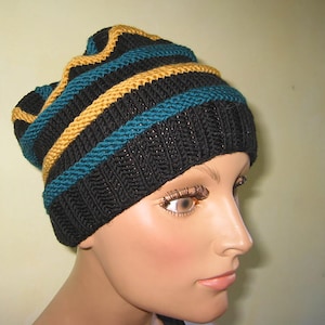 Tejido a mano lana fisherman cap balloon cap beanie winter hat slouchy hat ~ 100% lana merino australiana sin fieltro ~ negro-ocre-gasolina