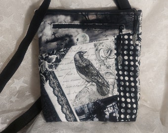 Raven & Moon Gothic Patchwork Crossbody Bag, handmade with lightweight quilted cotton. Black and white witch / Wicca / Gothic theme purse