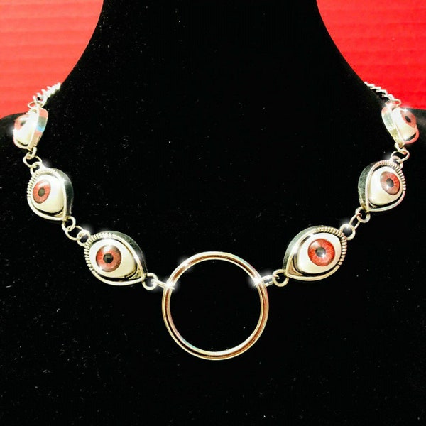 Creepy Evil Monsters 3rd Eye Red Blue eyeballs Eye of the heaven Choker Red Eyes choker Gothic Necklace Weird Necklace O-ring curb Chain