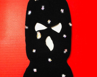 CRY BABY Rhinestones Ski mask Super Sick Punk sew on Multicolor Rhinestones Gothic Black Beanie Sparkle Full face Skimask Winter Balaclava