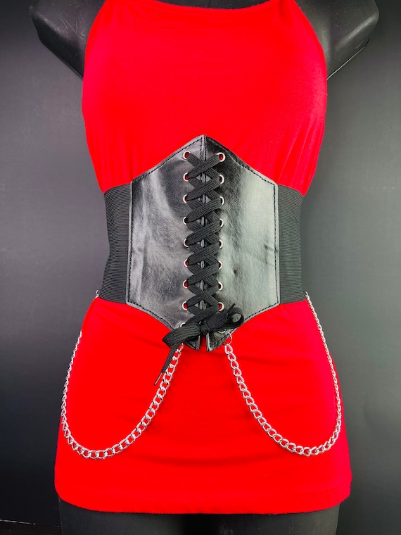 Punk Goth Black Corset Belt Elastic Band Lace Tight Chain Side Waist Size  32 Belt Chunky Steampunk Victorian Style Rock Gothic Baddies Girl 