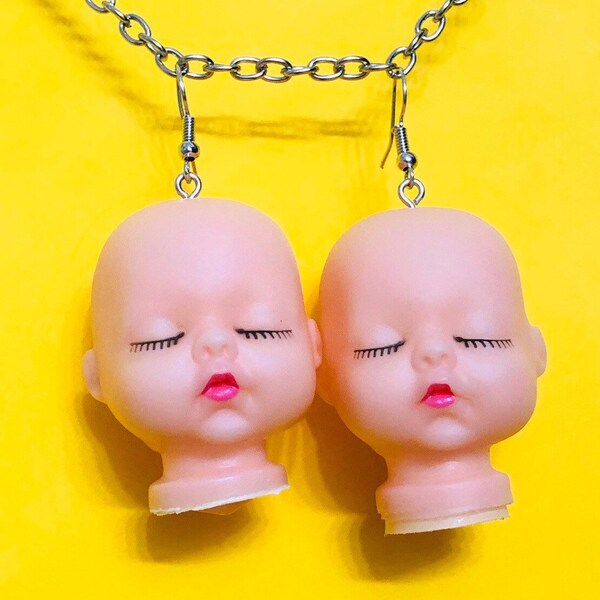 Super Cute Chubby Cheeks Sleeping Babies Dolls heads Dangling Hook Earrings Cute Weird Jewelry