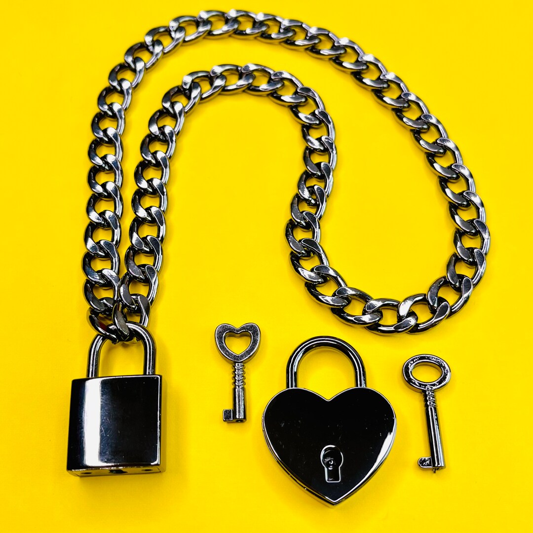 Square Heart Padlock Necklace Key & Lock Choker Gunmetal Black Color