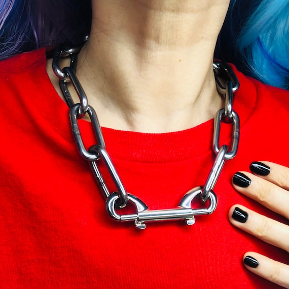 Chunky Heavy Hardware Choker, Double Ended Bolt Snap Trigger Hook Clips Big Chains  Necklace, Two Ways Snap Clasp Closure Punk Rock Jewelry 
