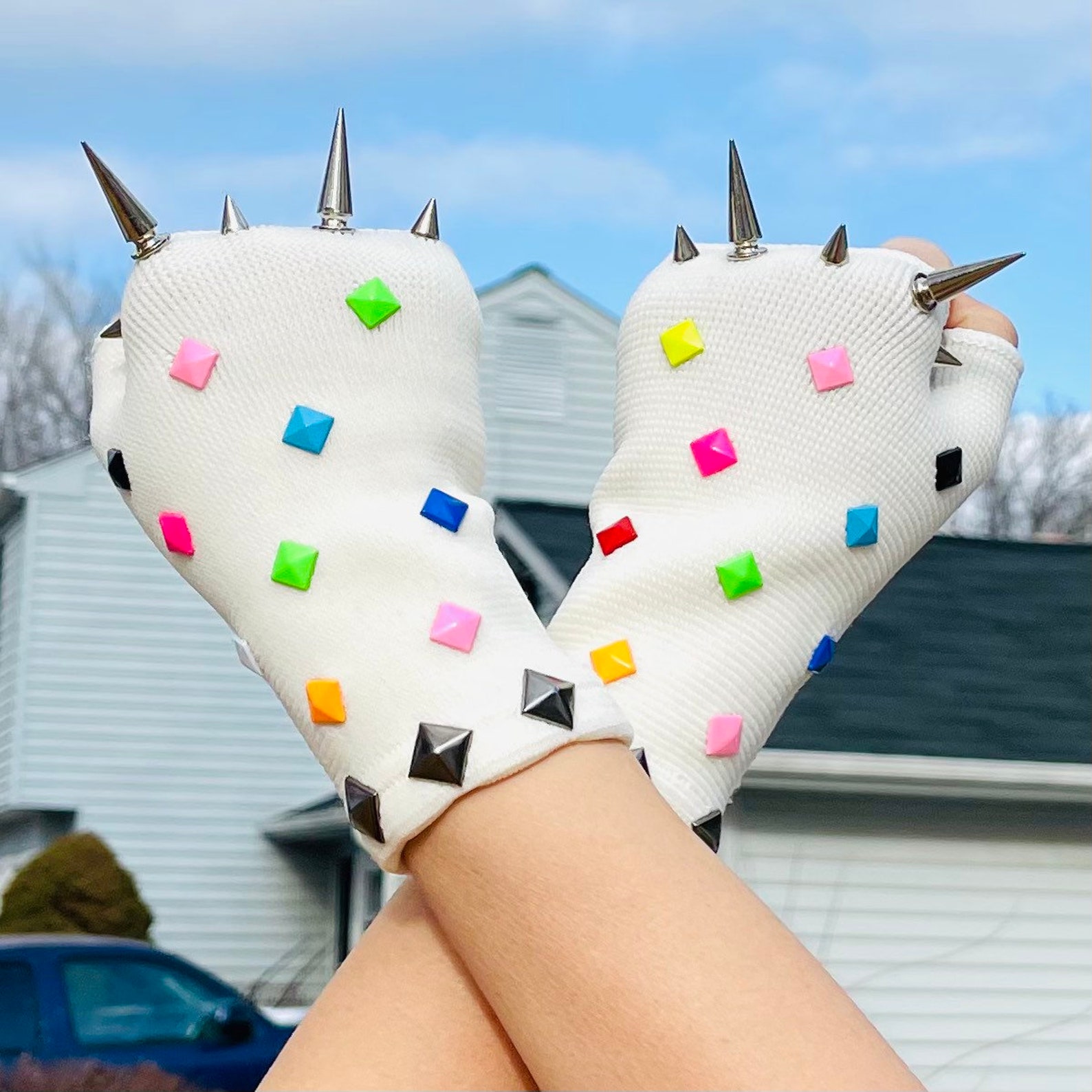 Spikes Gloves Spike Punk Rock Gloves White Gloves Etsy