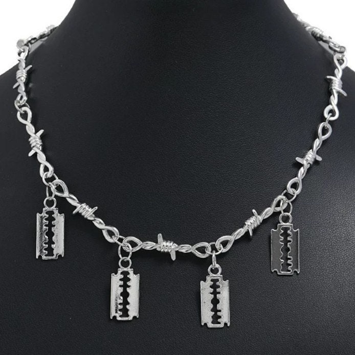 Punk Rock Emo Goth Silver Barbed Wire Chain & mini Razor Blade