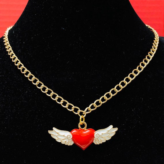 Red Heart Necklace Flying Angel Wings 