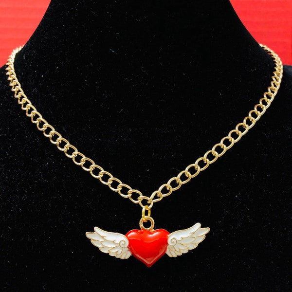 Red Heart Necklace, Flying Angel wings pendant Necklace, Curb Chain Choker, Chain Gold color Necklace, Valentine's Day Gifts for her