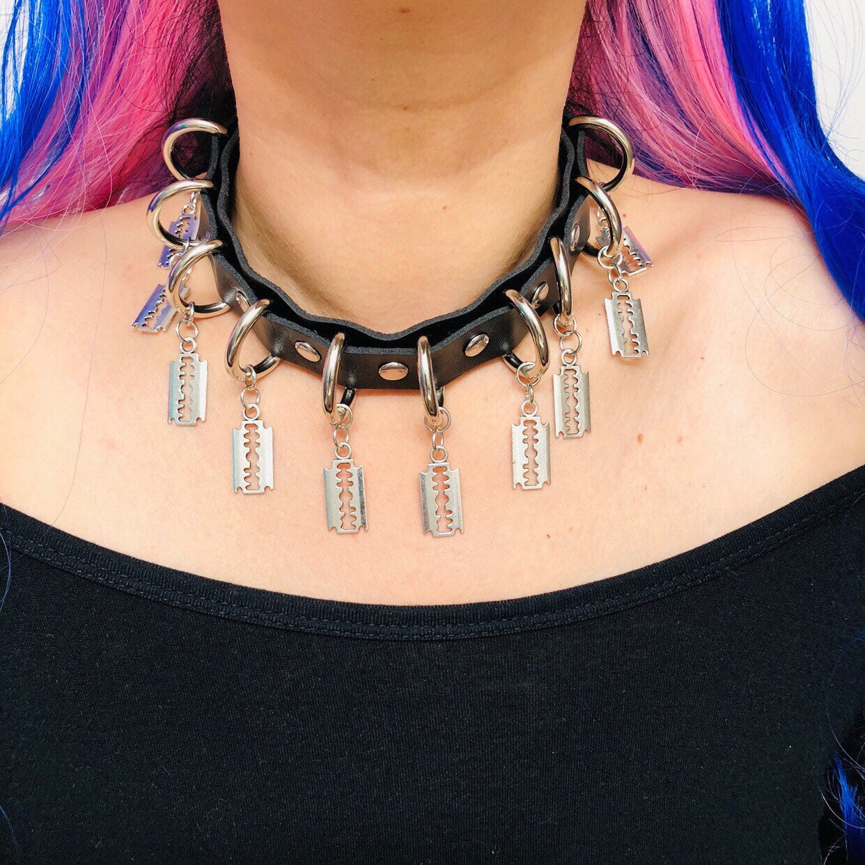 Punk Rock Emo Goth Silver Chunky Chain & Razor Blade Necklace - 14