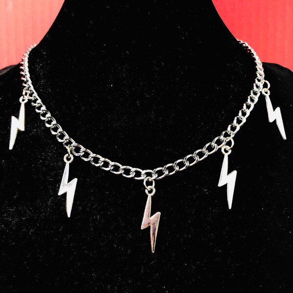 Unisex Lightning Bolts Silver color curb Chain style Choker Necklace Chunky Goth Punk Rock Hip-hop Street Fashion Jewelry