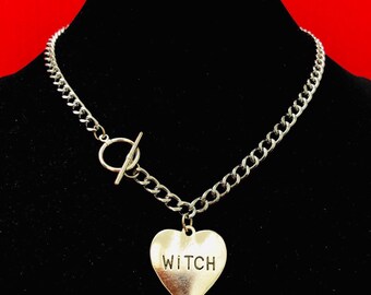 WITCH Heart Choker, Word Letter Love sign pendant Necklace, chain Necklace, OT Toggle Closure Necklace Valentine's Day Gift