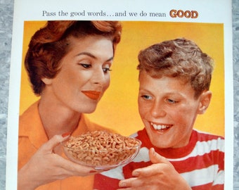 1958 Post Alpha Bits -Mother + Young Son-Original 13.5 * 10.5 Magazine Ad-Breakfast Cereal