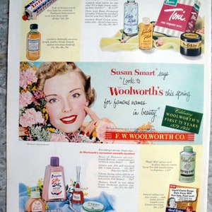 1954 Woolworths Beauty Supplies Susan Smart-Original 13.5 * 10.5 Magazine Ad