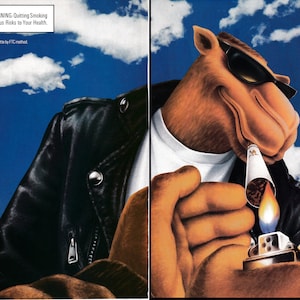 1995 Joe Camel-Close Up-Leather Jacket-Cigarette-Original 2 Page Magazine Ad