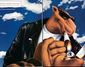1995 Joe Camel-Close Up-Leather Jacket-Cigarette-Original 2 Page Magazine Ad