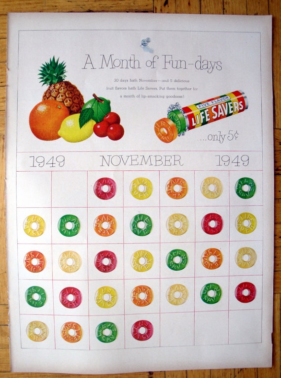 1947 Life Savers Calendar November fun Days original 13.5 10.5 Magazine Ad  - Etsy