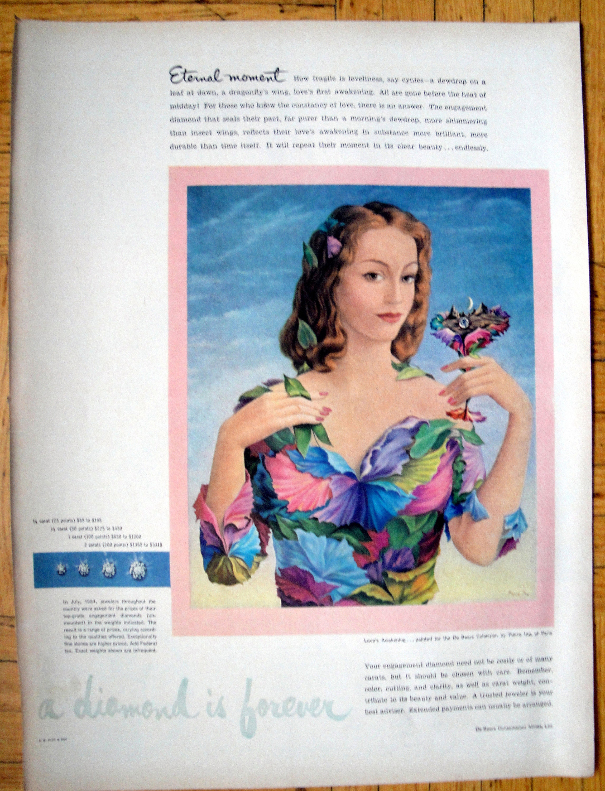 1954 De Beers Diamond Rings- Pierre Ino Painting-Original 13.5 * 10.5  Magazine Ad