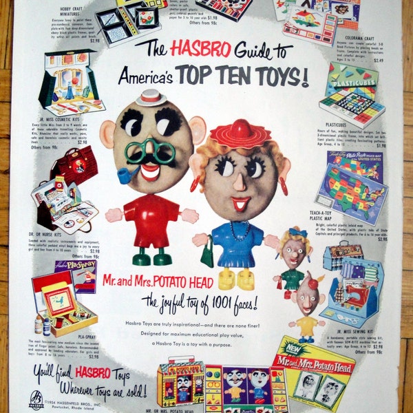 1954 Mr + Mrs Potato Head Hasboro Original 13.5 * 10.5 Magazine Ad -Make 1001 Faces