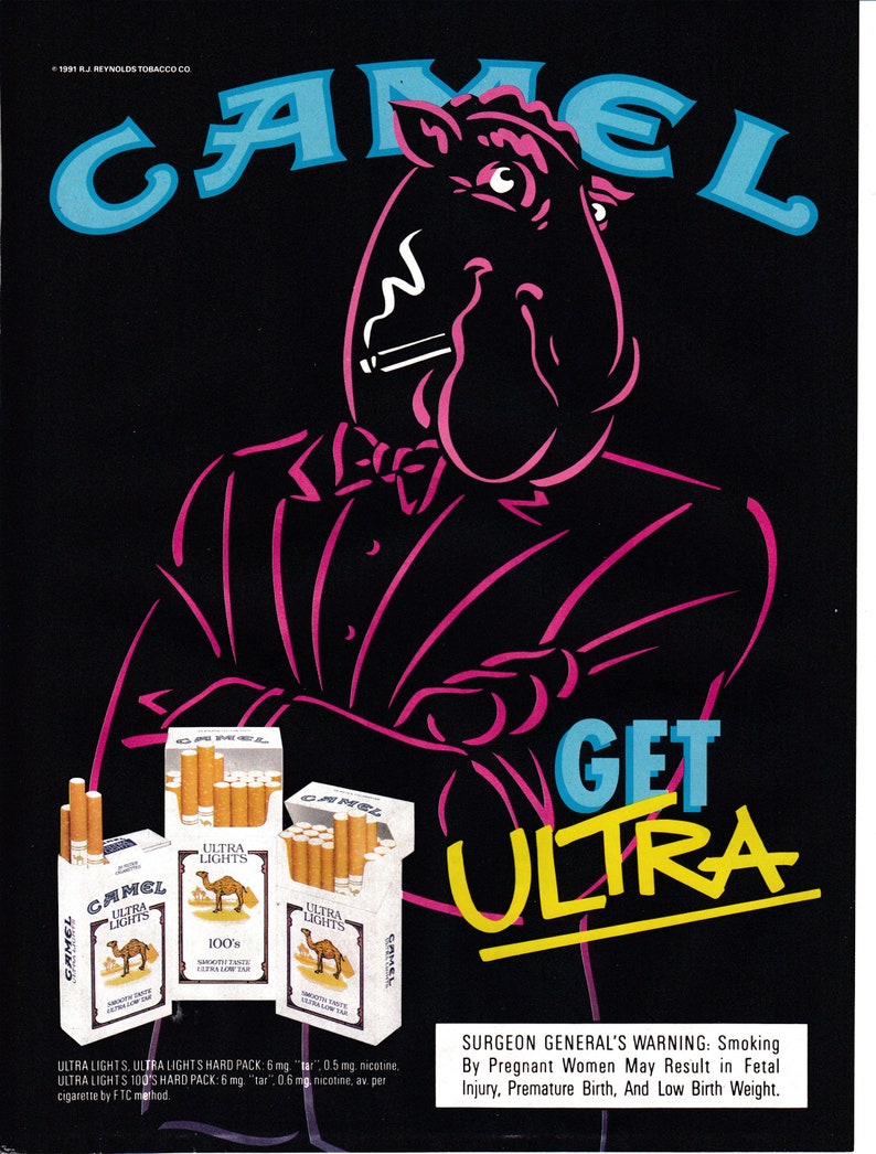 1991 JOE Camel Ultra Lights-Dark Silhouette-Tobacco-Cigarette Smoking Original Magazine Ad image 1