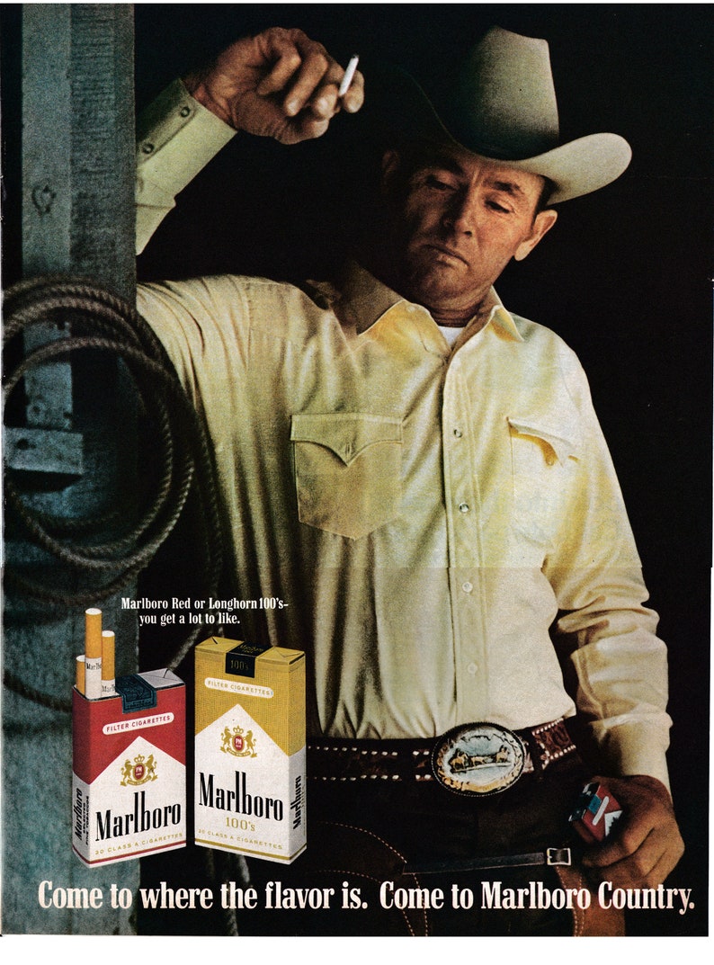 1968 Marlboro Man Cigarettes Leaning On Post-Lasso Original 13.5 10.5 Magazine Ad image 1