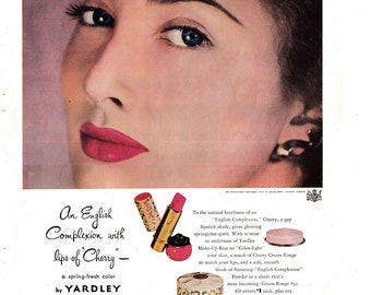 1947 Yardley Cherry Lipstick-Appointed To Queen Mary-Original 13.5 * 10.5 Magazine Ad