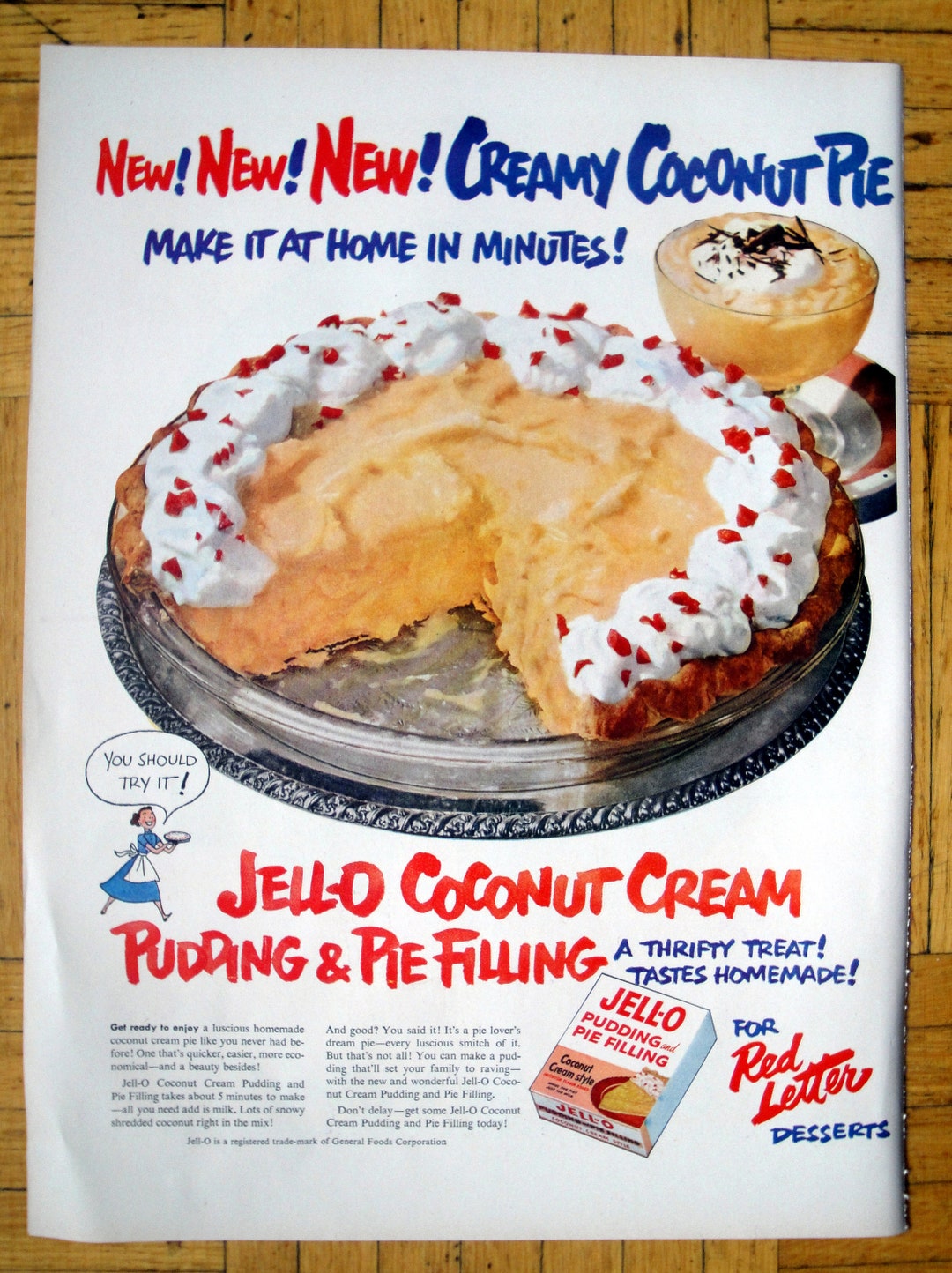 1951 JELL O Jello Creamy Coconut Pie Pudding original 13.5 10.5