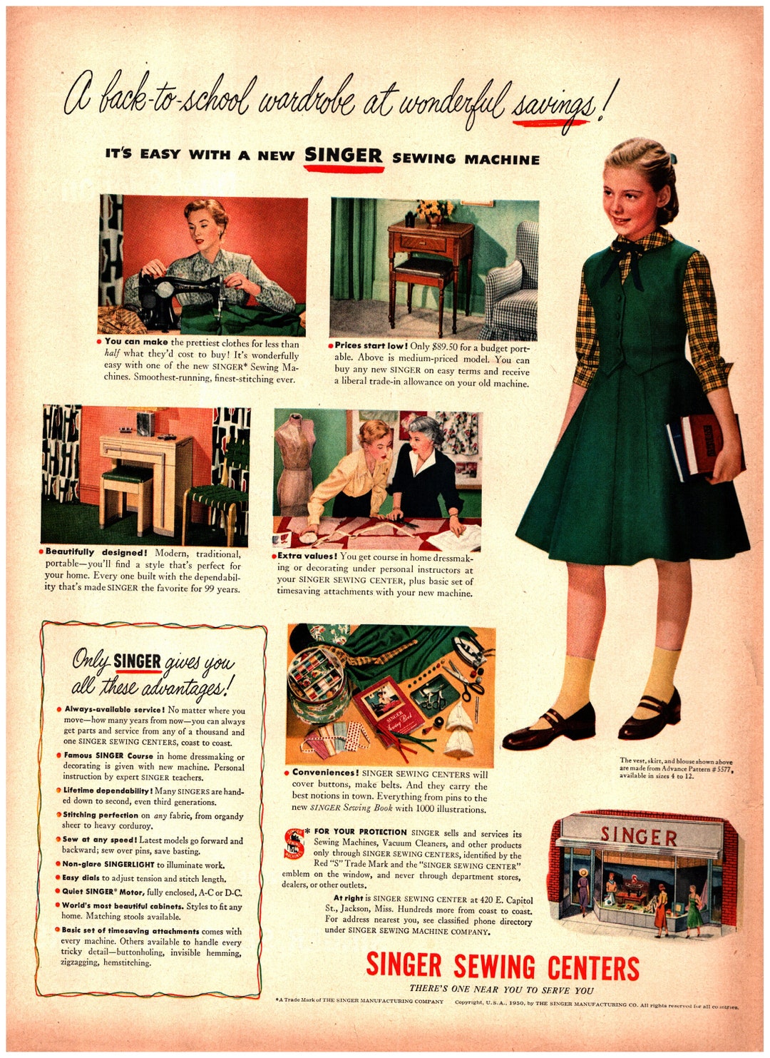 1951 Singer Sewing Machine-back to School Original 13.5 10.5 Magazine Ad 