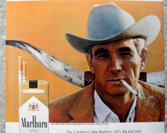 1967 Marlboro Man Country 100s Longhorns Original 13.5 * 10.5 Magazine Ad