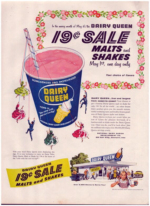 1956 Dairy Queen 19 Cent Shakes Malts Original 13.5 10.5 Etsy
