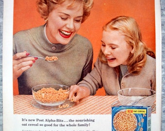 1958 Post Alpha Bits-Mom + Daughter Letter Perfect-Original 13.5 * 10.5 Magazine Ad-Breakfast Cereal