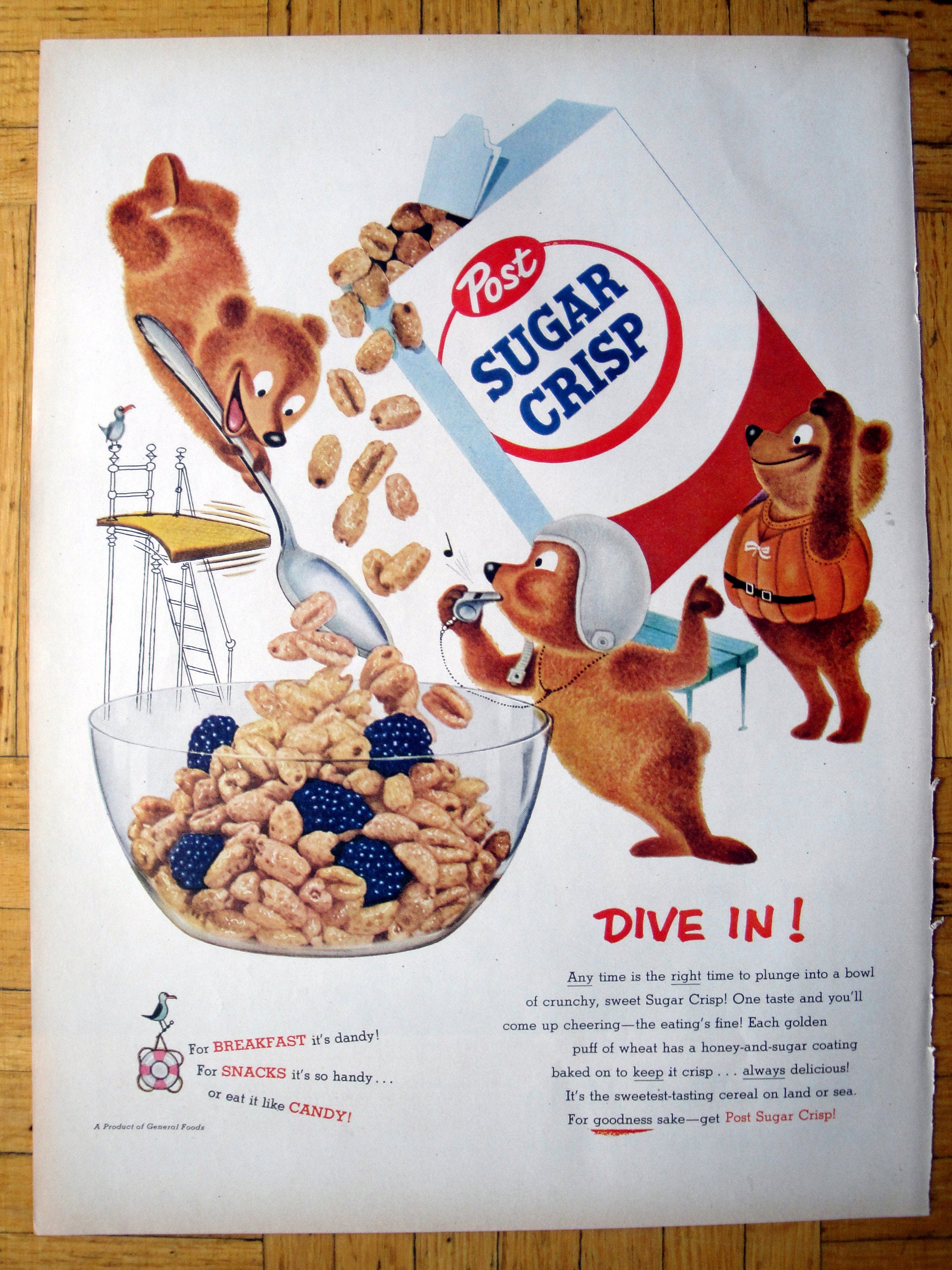 1955 Post Sugar Crisp Cereal 3 Bears Diving In Original 13 5 Etsy