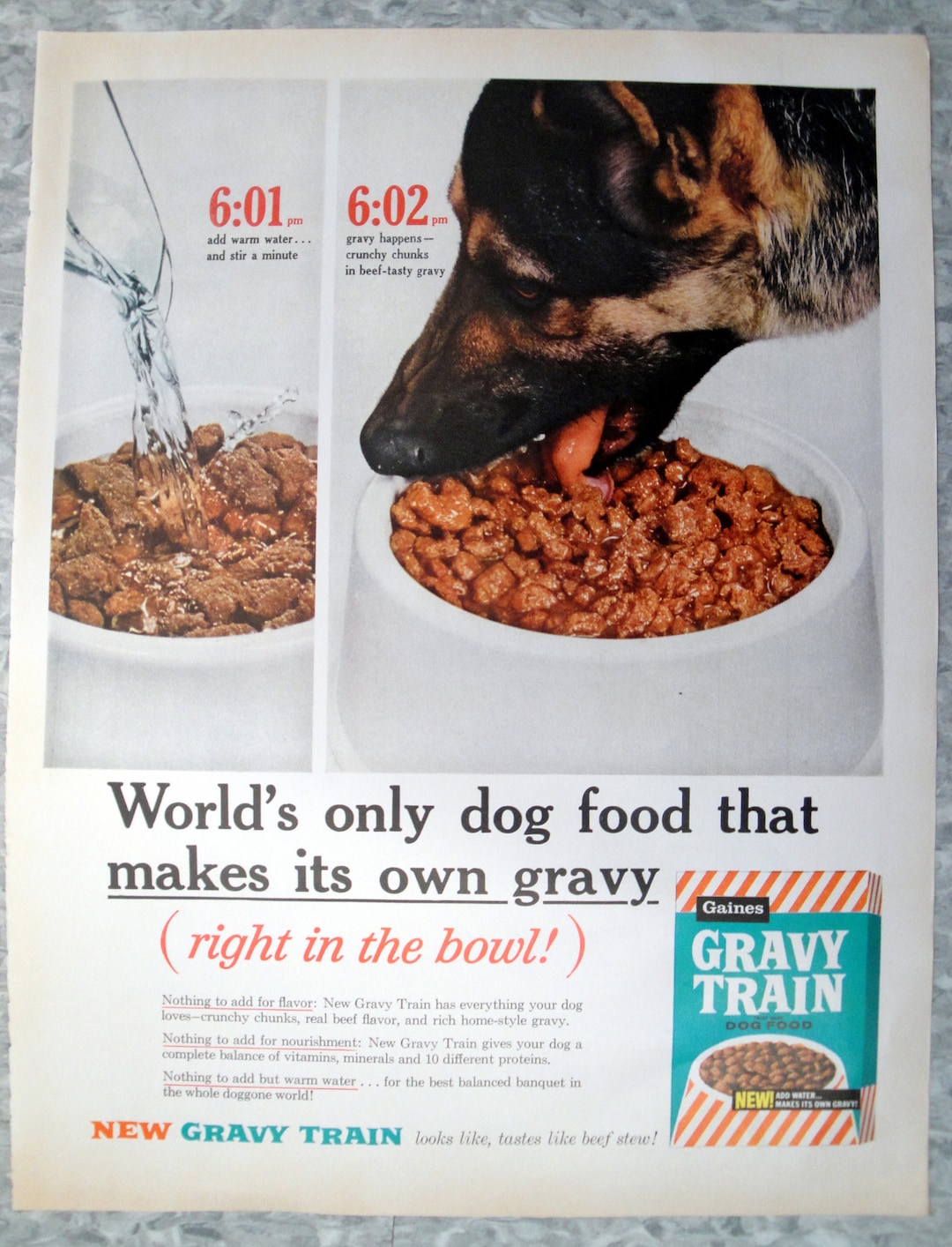 1960 German Shepard gravy Train Dog Food original 13.5 10.5 Magazine Adpet Food Etsy Canada