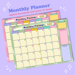 Könnte beinhalten: Zwei farbenfrohe Monatsplaner mit einem pastellfarbenen Regenbogen-Thema. Die Planer haben ein Rasterlayout für jeden Tag des Monats, mit Abschnitten für Erinnerungen, Prioritäten und Notizen. Der Text "Monthly Planner" und "digital download and print at home" sind sichtbar.