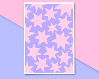 Star Art Print ~ Pink Lilac Star Pattern Wall Art, Colourful Positive Affirmation Print, Aesthetic Home Decor, Kids Wall Art, Groovy Poster