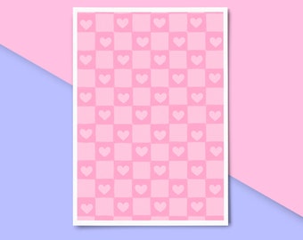 Heart Pastel Pink Checkerboard Print, Pink Checkered Wall Art, Lilac Heart Art, Trendy Groovy Decor, Retro Eclectic Y2K Art, Cute Home Decor