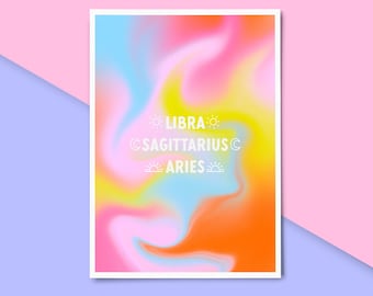 Personalised Star Sign Print ~ Rainbow Aura Poster, Star Sign Affirmation Print, Personalized Sun Moon Rising, Aesthetic Home Decor Wall Art