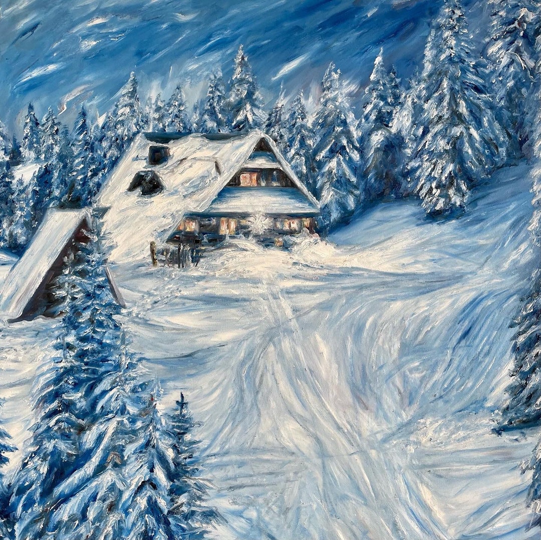 Large Original Oil Painting of Snowy Cabin From Lake Tahoe - Etsy