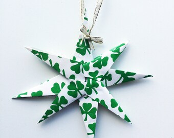 Recycled paper star ornament – Shamrock design with ribbon