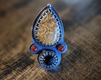 Sterling Silver Ring Fossilized Coral, Spinel and Carnelian