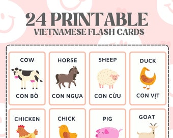 24 druckbare zweisprachige Videokarten mit Tieren, Vietnamesisch Sprache Homeschool Printables, Vietnamesisch lernen, DIGITALER DOWNLOAD