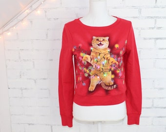 Ugly Christmas Cat Light Up Graphic Long Sleeve Shirt (RARE One of a Kind)