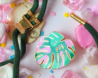 Pink and Green Monstera Bolo Ties and Enamel Pins