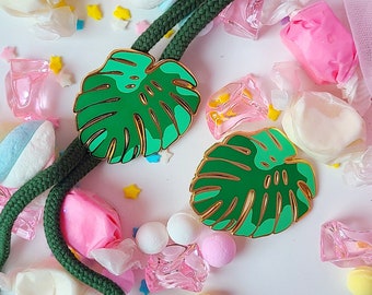 Green Monstera Bolo Ties and Enamel Pins