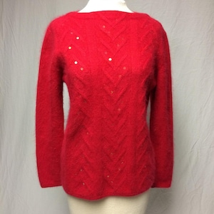 1950&#39;s | Sweater | Vintage Red | Angora, Lambswool, Chevron Design | Bateau Neckline | Long Sleeve Sweater | Med