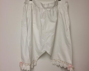 Victorian White Cotton Bloomers | Gathers, Flat Waistband | Lace Work | Woven Ribbon | Lg.