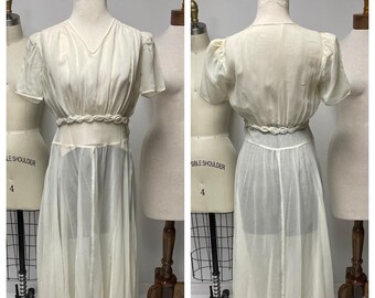 1930&#39;s Ecru Dress | Rayon Chiffon Dress | Shirred Bodice | Leaf Design | V Neck, Short Sleeve | Full, Flowing Skirt | Sm.