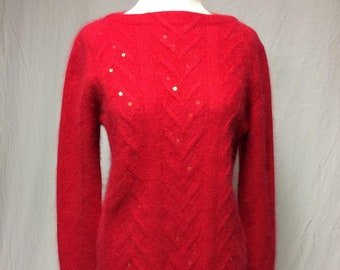 1950's | Sweater | Vintage Red | Angora, Lambswool, Chevron Design | Bateau Neckline | Long Sleeve Sweater | Med